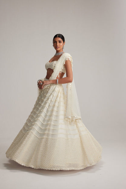 Off White Mirror and Pearl Drop Bridal lehenga set