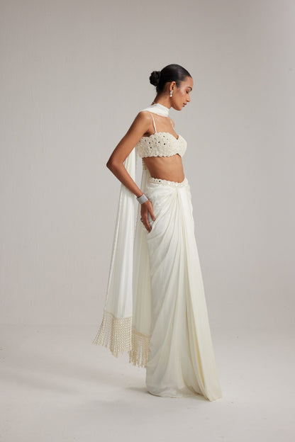 Off White Satin Draped Skirt Set