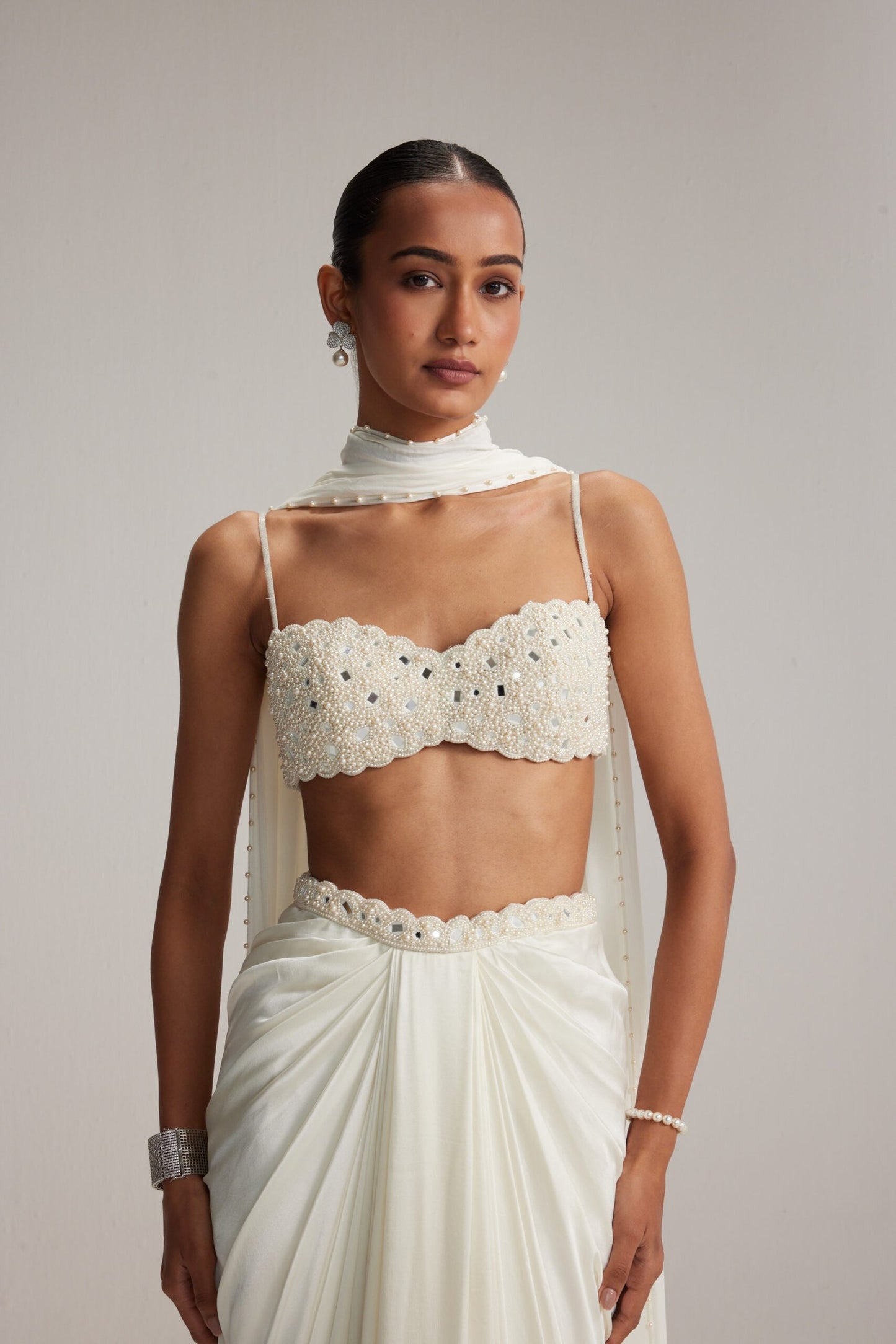 Off White Satin Draped Skirt Set