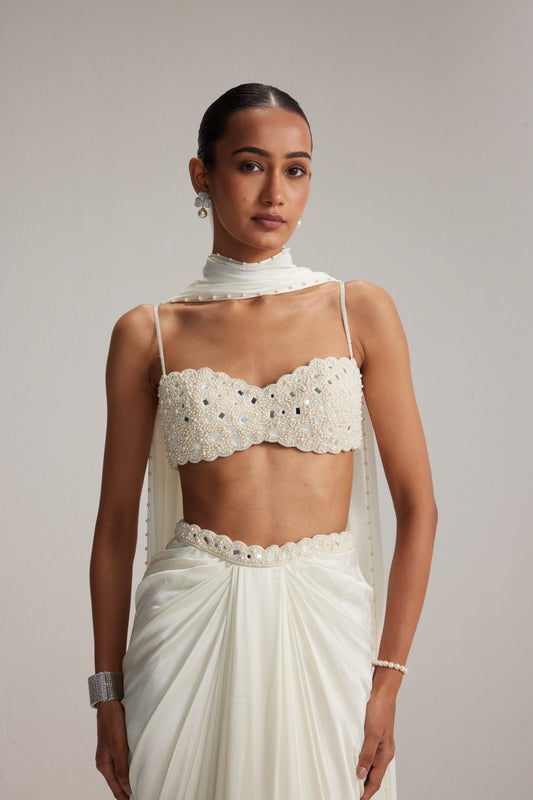 Off White Satin Draped Skirt Set