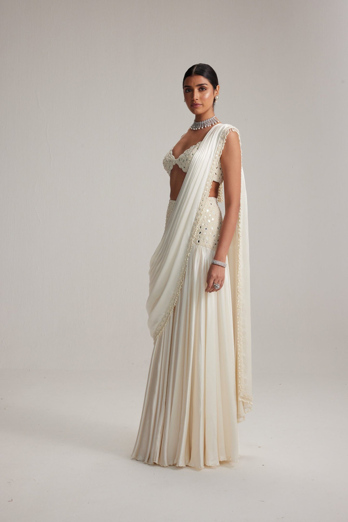 Off White Pearl and Mirror Embroidered satin draped saree set