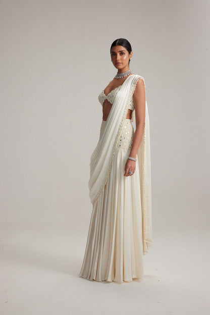 Off White Pearl and Mirror Embroidered satin draped saree set