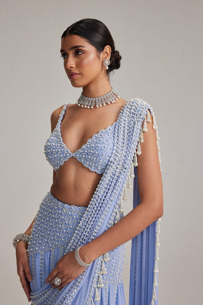 Dew Blue Linear Mirror And Pearl Embroidered Draped Saree Set
