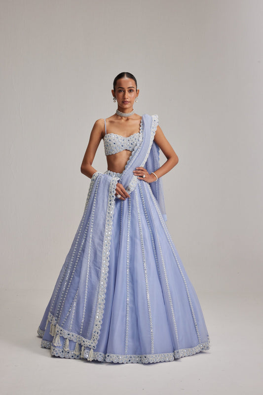 Dew Blue linear Mirror Organza Lehenga Set