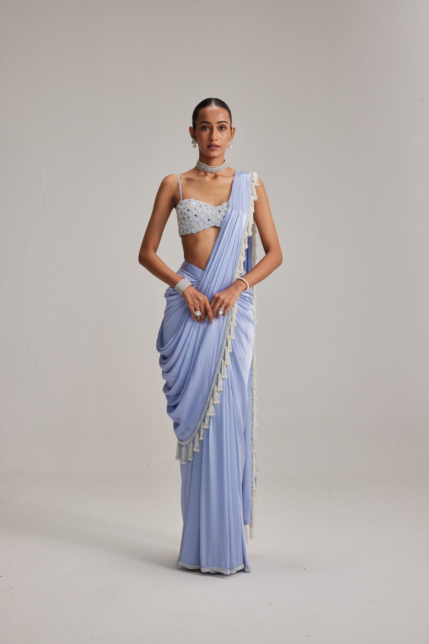 Dew Blue Satin draped Saree Set