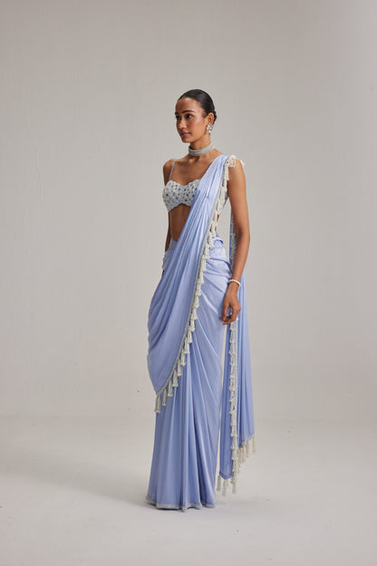 Dew Blue Satin draped Saree Set