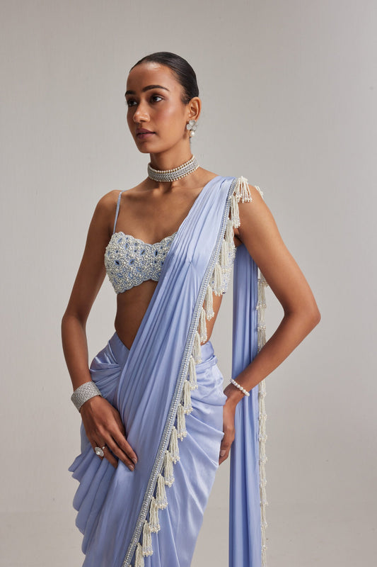 Dew Blue Satin draped Saree Set