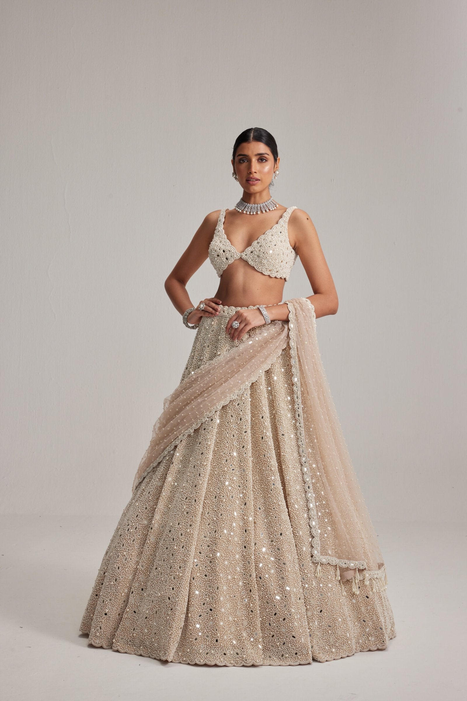 Light Beige Mirror &amp; Pearl Bridal Lehenga Set