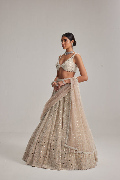 Light Beige Mirror &amp; Pearl Bridal Lehenga Set