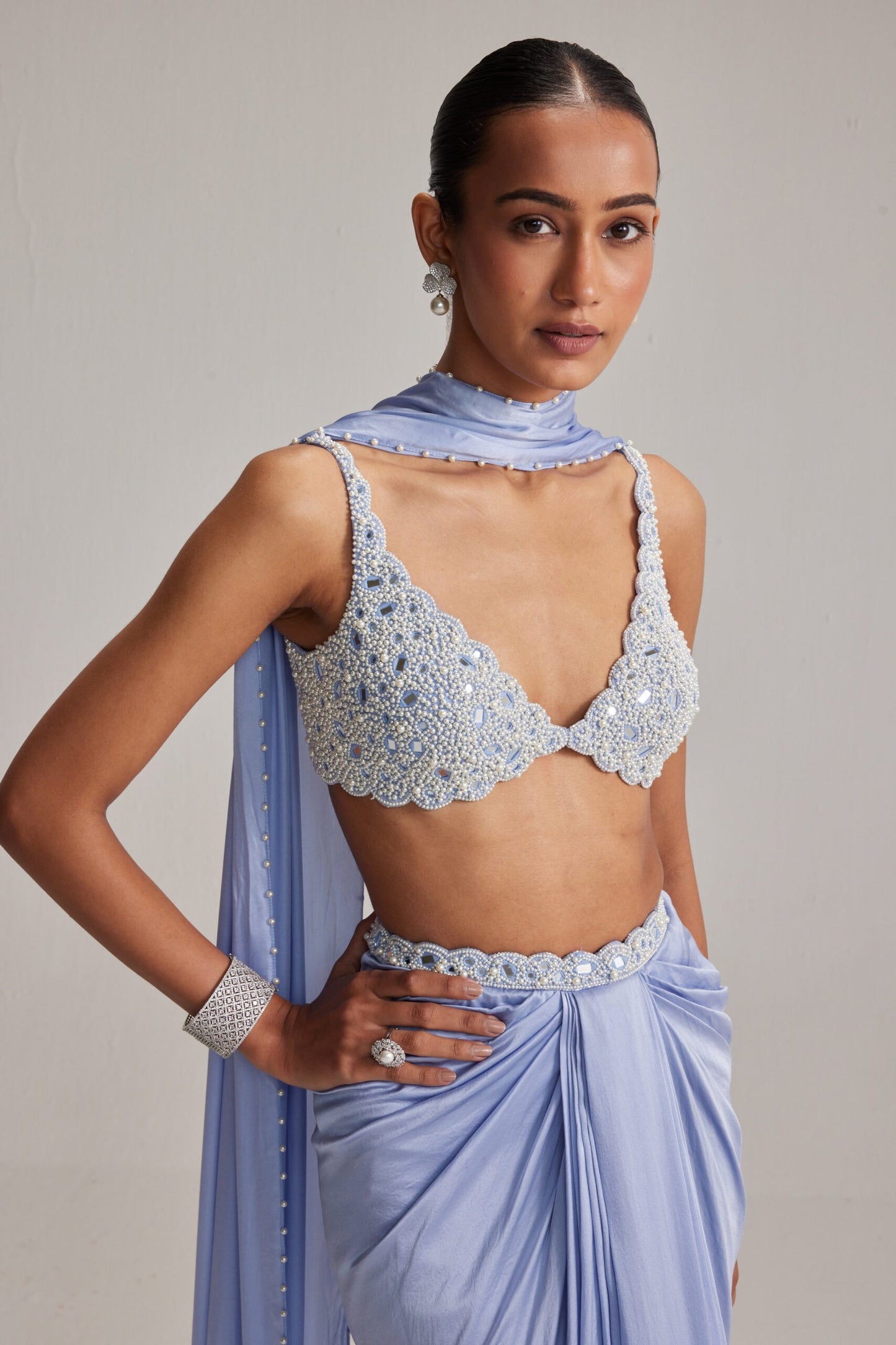 Dew Blue Satin draped skirt Set