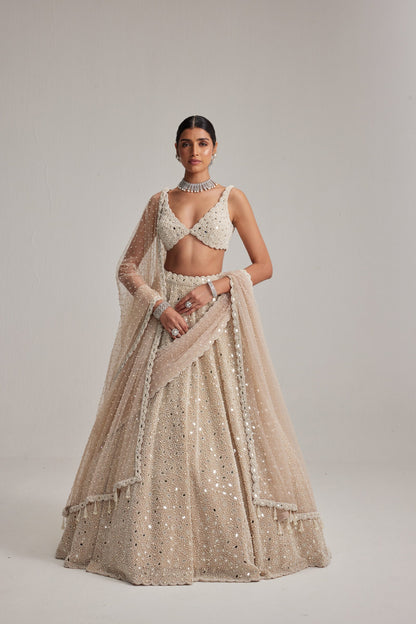 Light Beige Mirror &amp; Pearl Bridal Lehenga with Double Dupatta and Veil