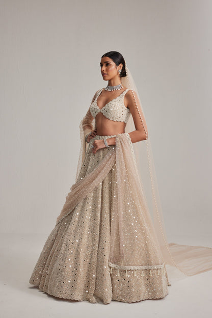 Light Beige Mirror &amp; Pearl Bridal Lehenga with Double Dupatta and Veil