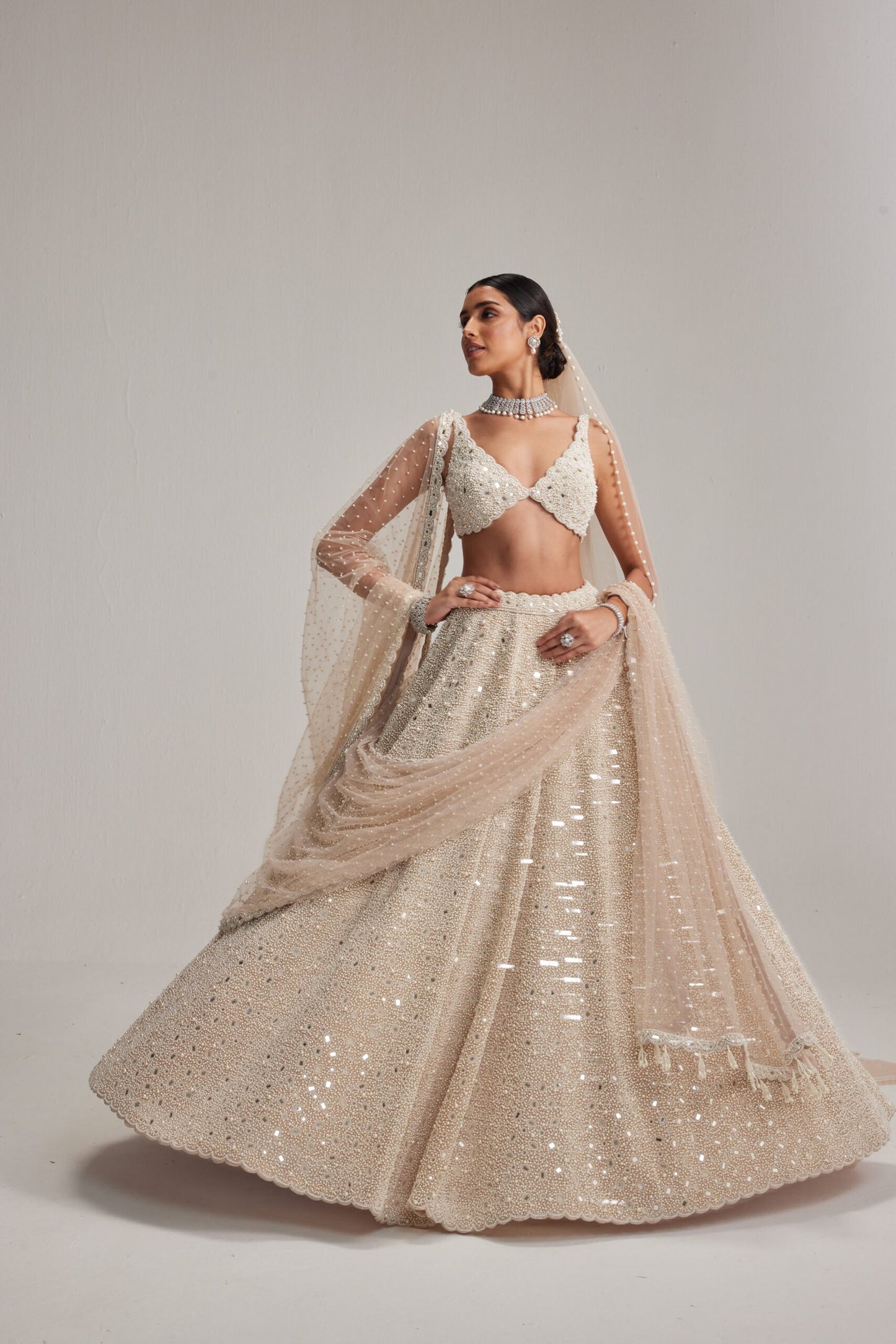 Light Beige Mirror &amp; Pearl Bridal Lehenga with Double Dupatta and Veil
