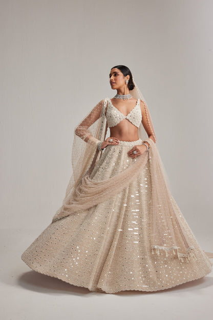 Light Beige Mirror &amp; Pearl Bridal Lehenga with Double Dupatta and Veil