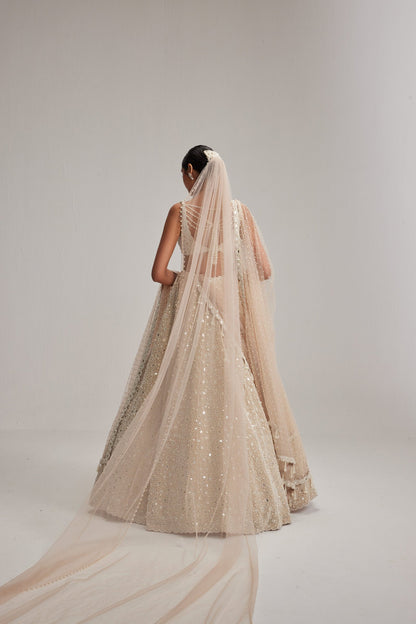Light Beige Mirror &amp; Pearl Bridal Lehenga with Double Dupatta and Veil
