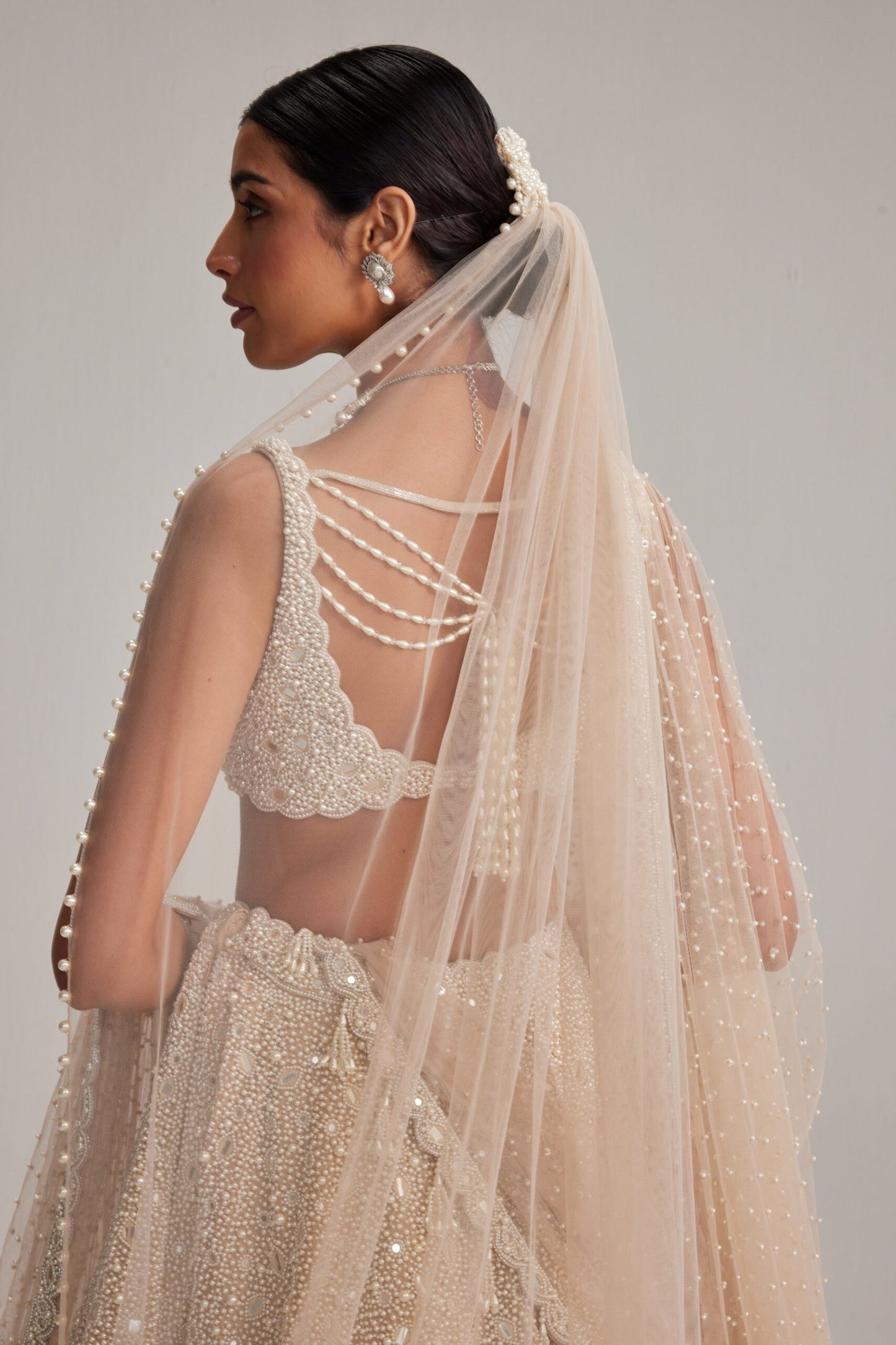 Light Beige Mirror &amp; Pearl Bridal Lehenga with Double Dupatta and Veil