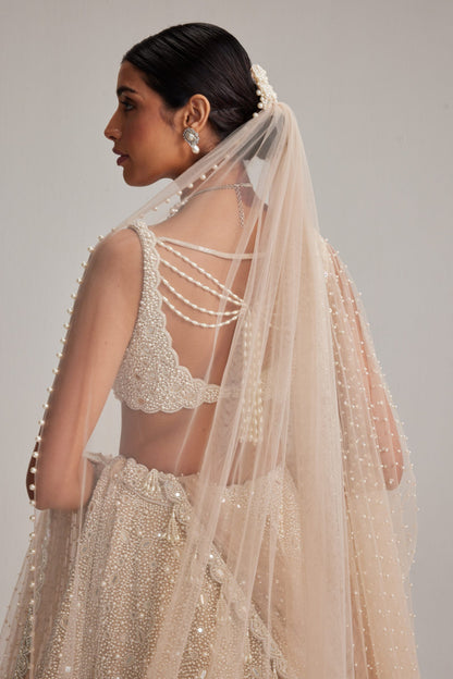Light Beige Mirror &amp; Pearl Bridal Lehenga with Double Dupatta and Veil