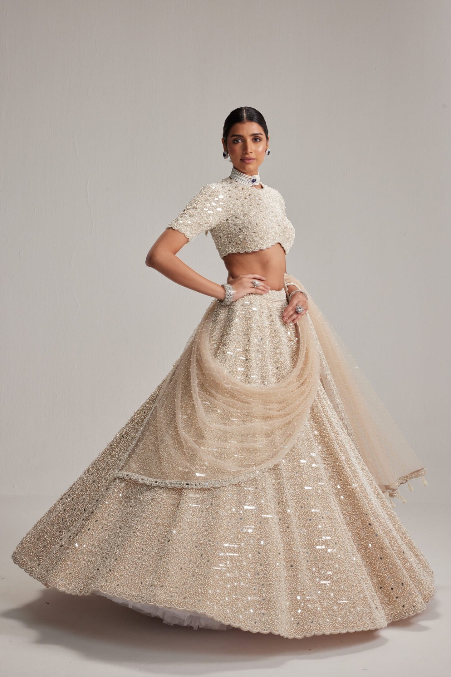 Light Beige Dense Pearl &amp; Mirror Lehenga with High-Neck Blouse and Double Dupatta