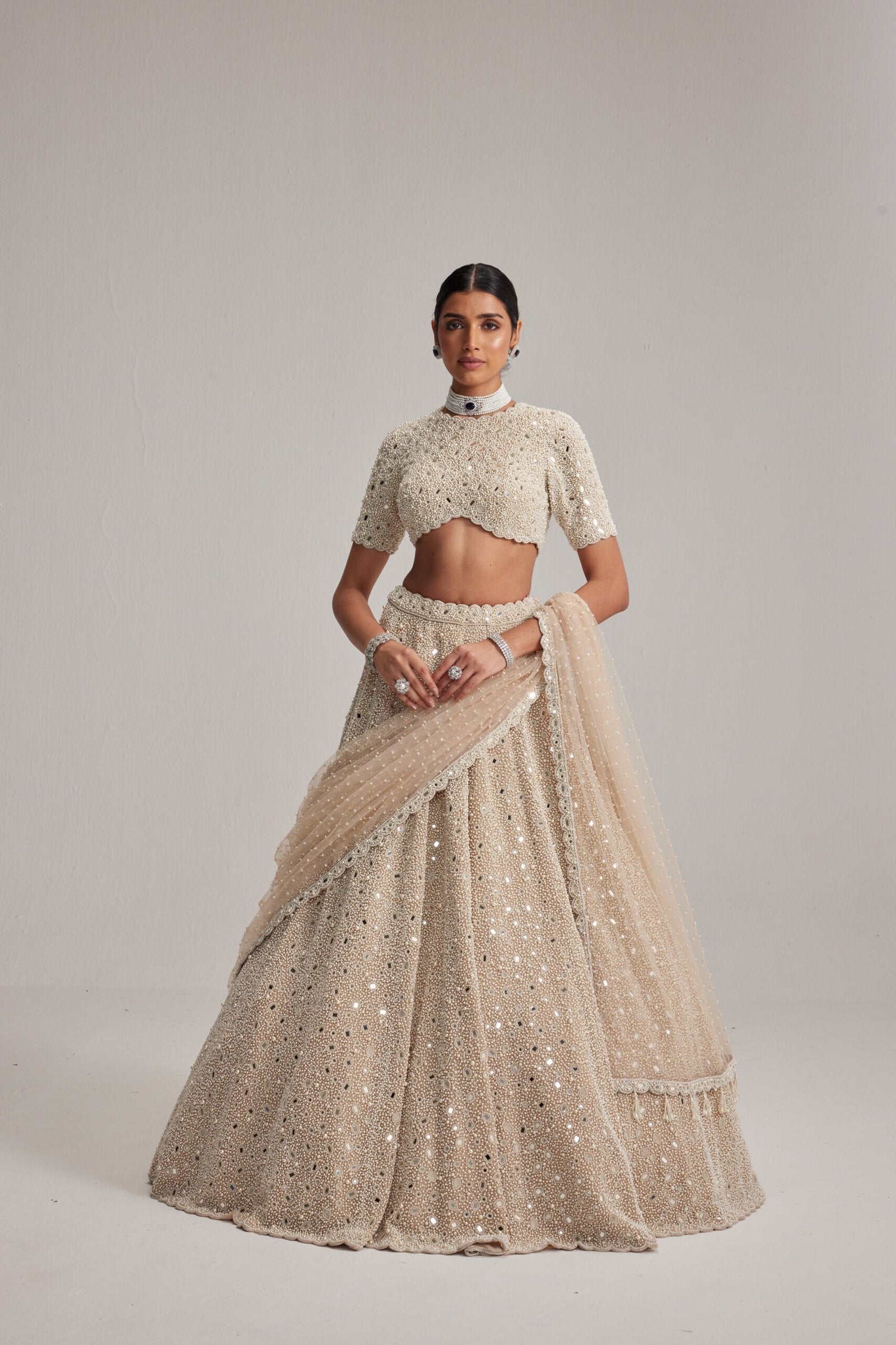 Light Beige Dense Pearl &amp; Mirror Lehenga with High Neck Blouse and Dupatta