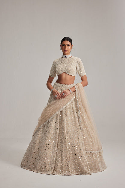 Light Beige Dense Pearl &amp; Mirror Lehenga with High Neck Blouse and Dupatta