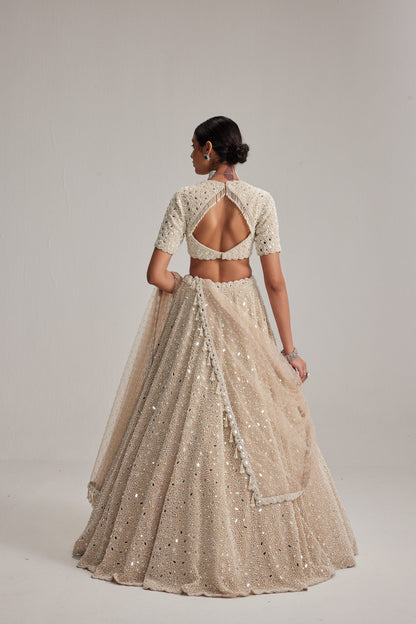 Light Beige Dense Pearl &amp; Mirror Lehenga with High Neck Blouse and Dupatta
