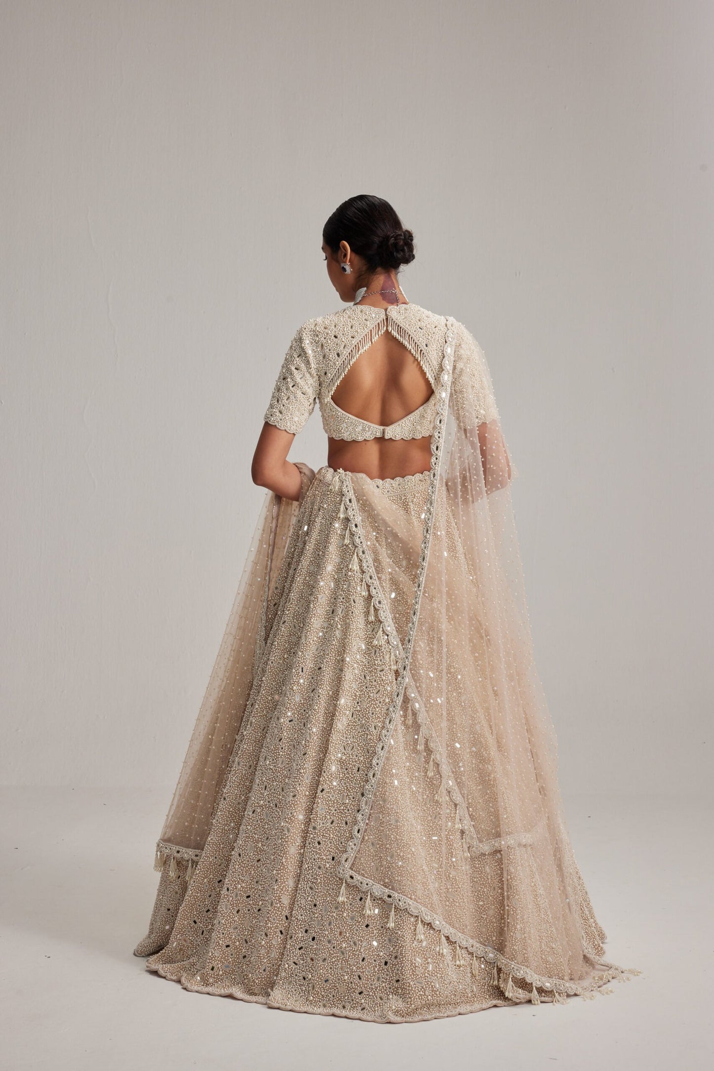 Light Beige Dense Pearl &amp; Mirror Lehenga with High-Neck Blouse and Double Dupatta