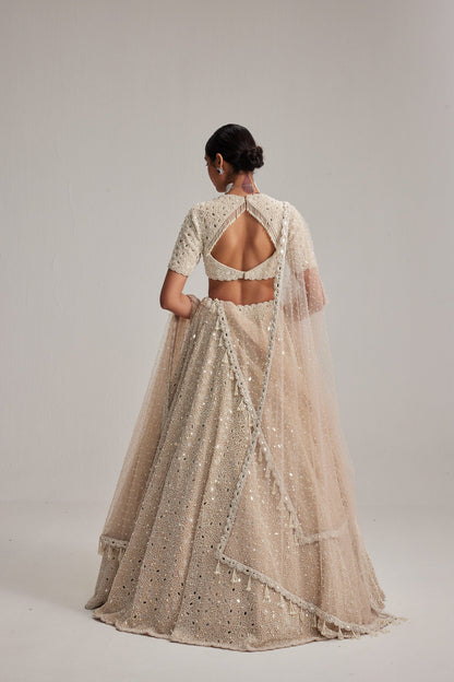 Light Beige Dense Pearl &amp; Mirror Lehenga with High-Neck Blouse and Double Dupatta