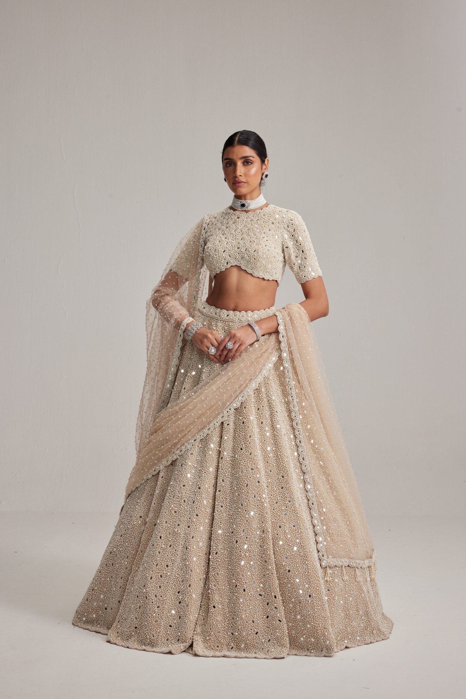 Light Beige Dense Pearl &amp; Mirror Lehenga with High-Neck Blouse and Double Dupatta