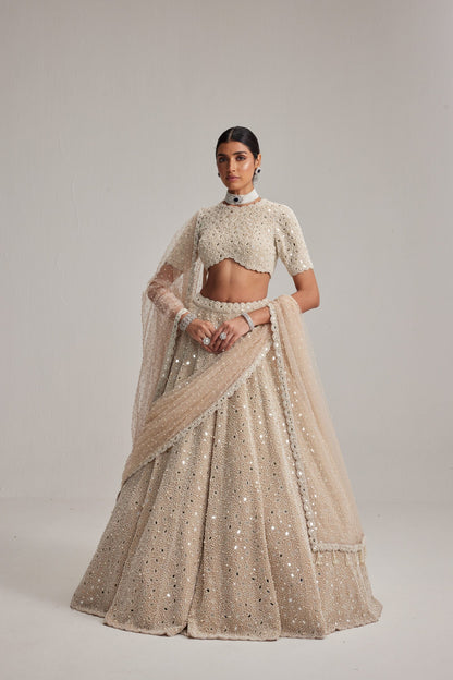 Light Beige Dense Pearl &amp; Mirror Lehenga with High-Neck Blouse and Double Dupatta