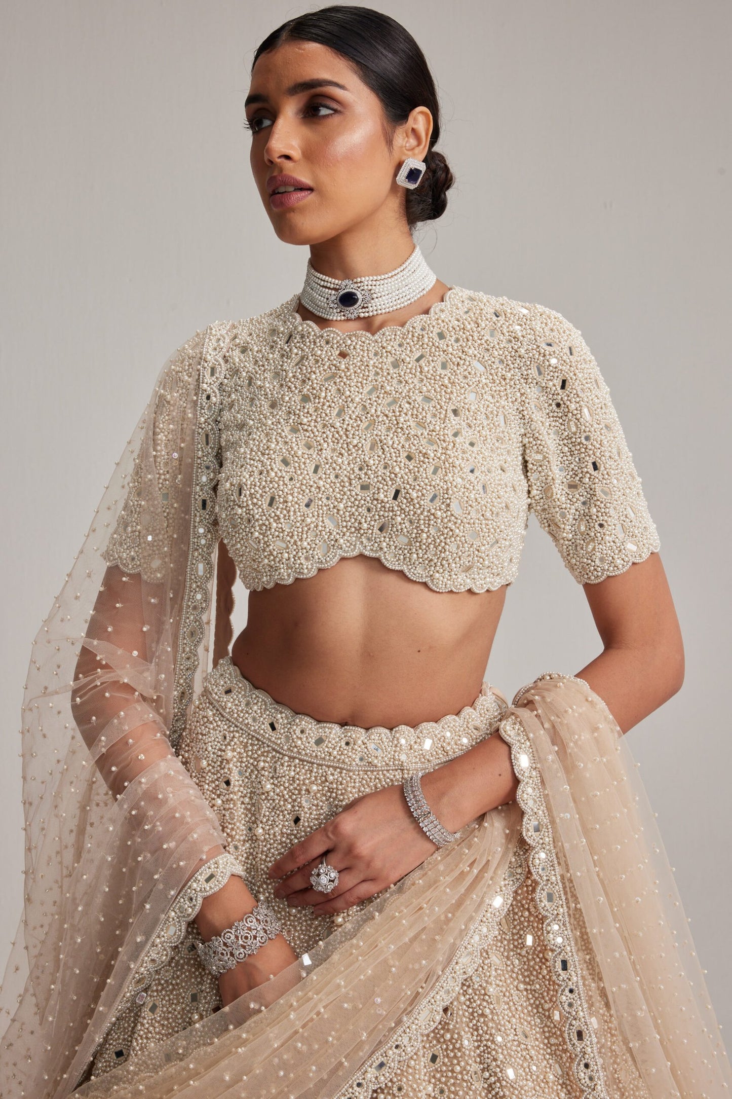 Light Beige Dense Pearl &amp; Mirror Lehenga with High-Neck Blouse and Double Dupatta