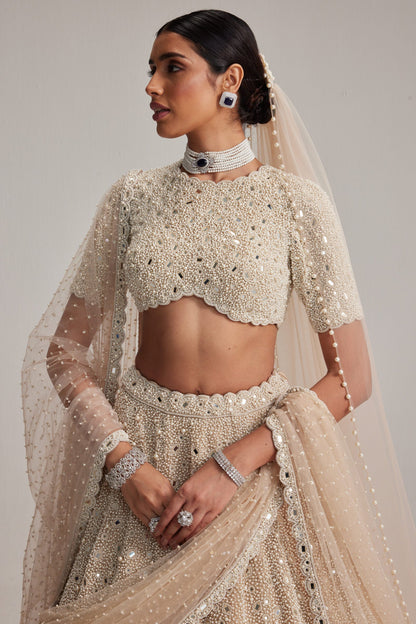 Light Beige Dense Pearl &amp; Mirror Bridal Lehenga with High-Neck Blouse, Double Dupatta &amp; Veil