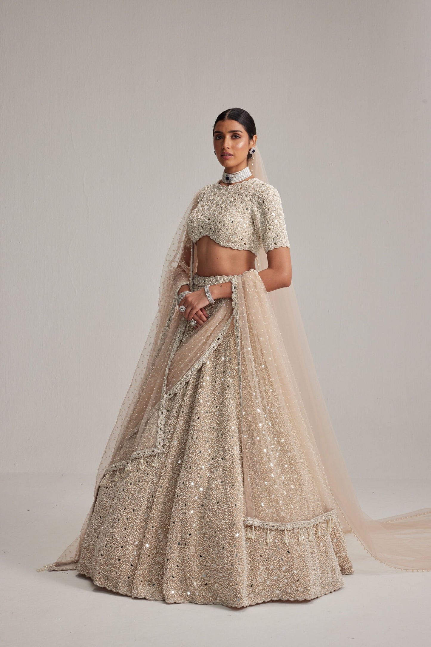 Light Beige Dense Pearl &amp; Mirror Bridal Lehenga with High-Neck Blouse, Double Dupatta &amp; Veil