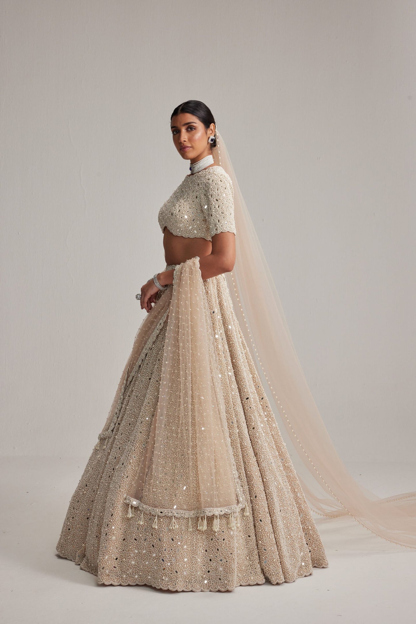 Light Beige Dense Pearl &amp; Mirror Bridal Lehenga with High-Neck Blouse, Double Dupatta &amp; Veil