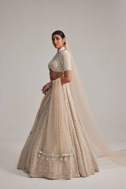 Light Beige Dense Pearl &amp; Mirror Bridal Lehenga with High-Neck Blouse, Double Dupatta &amp; Veil