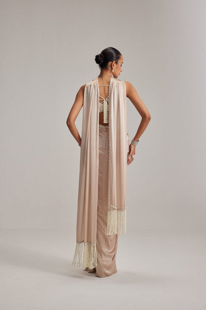 Light Beige Satin draped skirt set