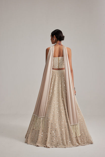 Light Beige Dense mirror and pearl Corset lehenga set With Stole