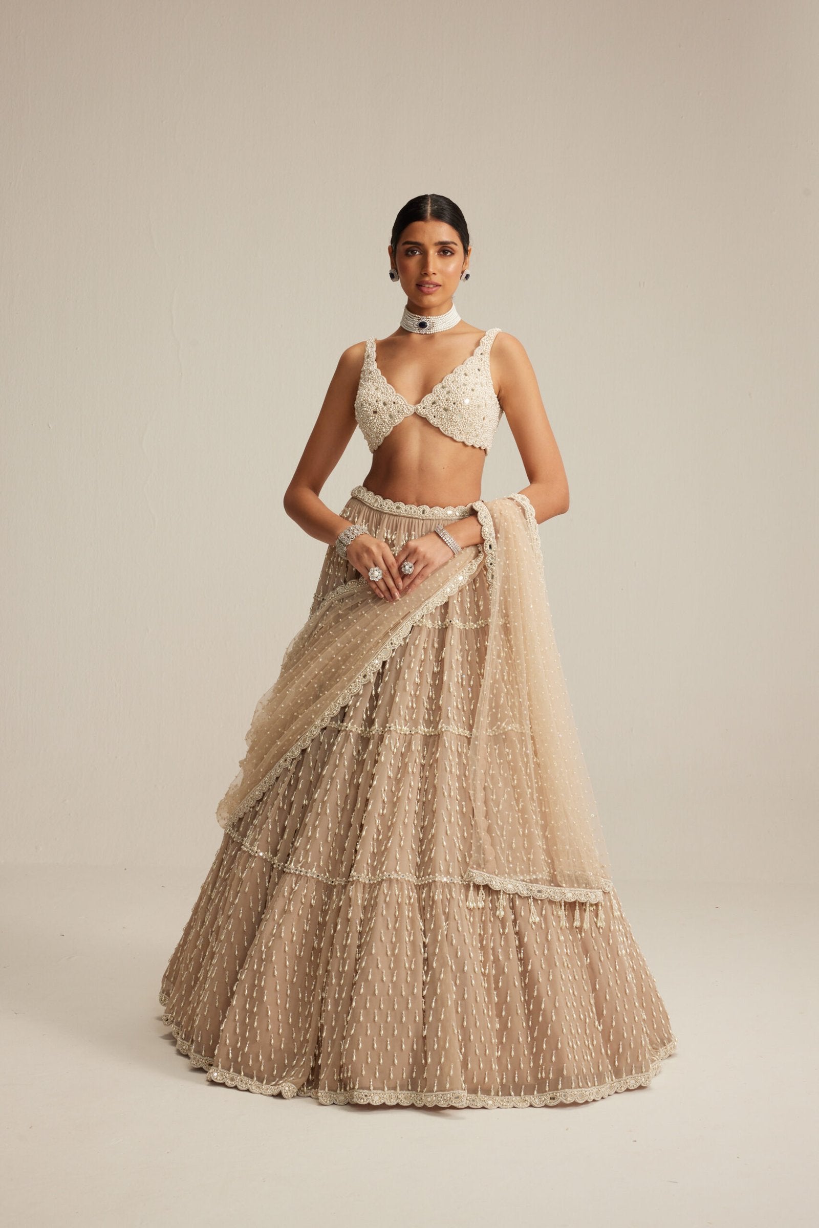 Light Beige Pearl Drop Multitier Lehenga with V neck Blouse