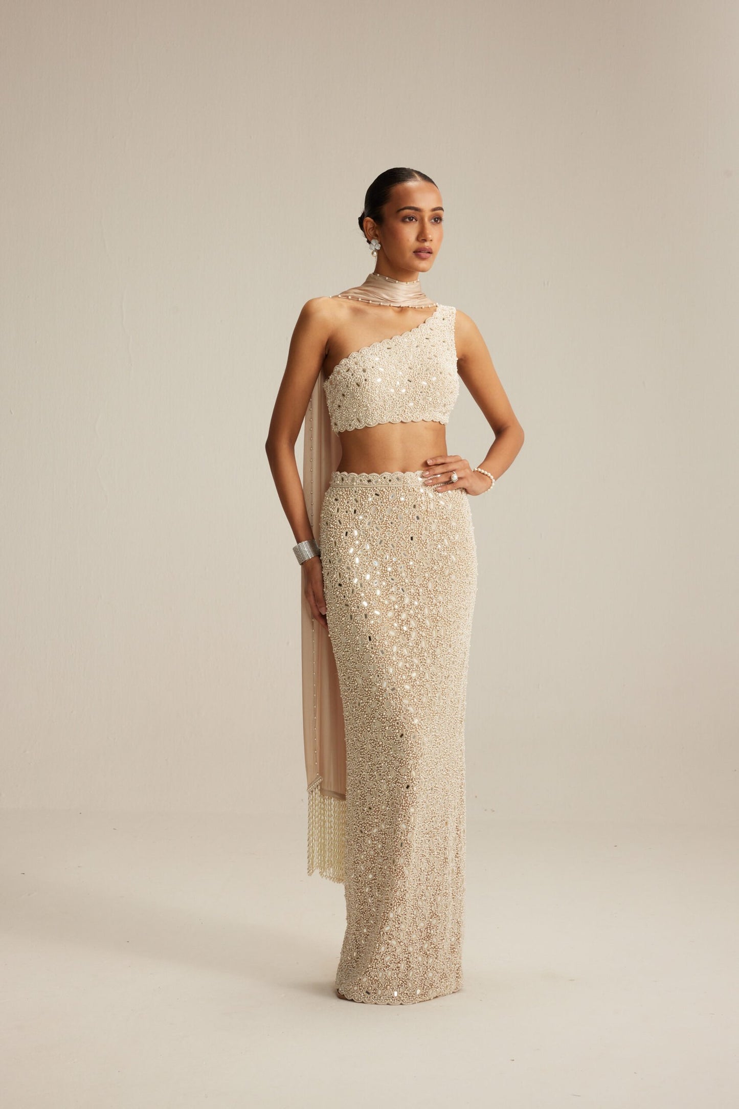 Light Beige Mirror &amp; Pearl Pencil Skirt Set with One-Shoulder Blouse and Satin Stole
