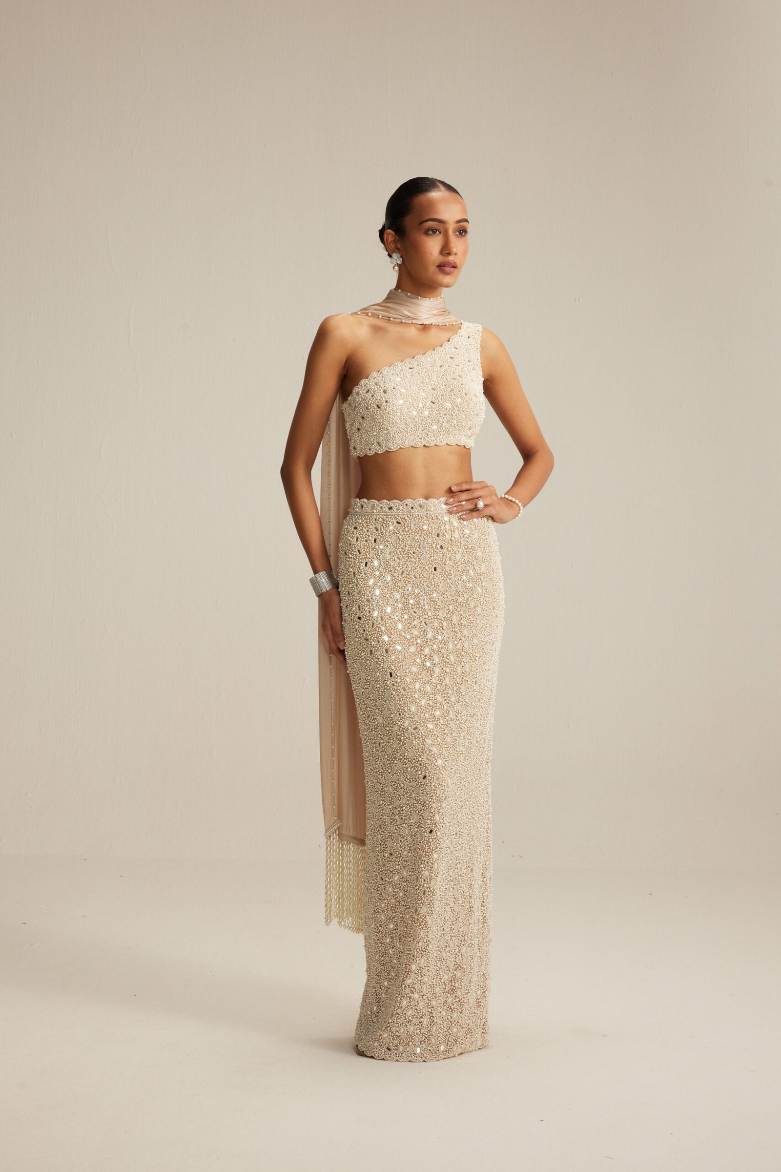 Light Beige Mirror &amp; Pearl Pencil Skirt Set with One-Shoulder Blouse and Satin Stole