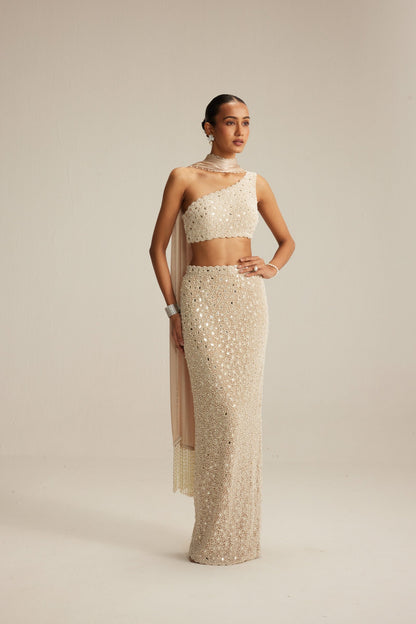 Light Beige Mirror &amp; Pearl Pencil Skirt Set with One-Shoulder Blouse and Satin Stole