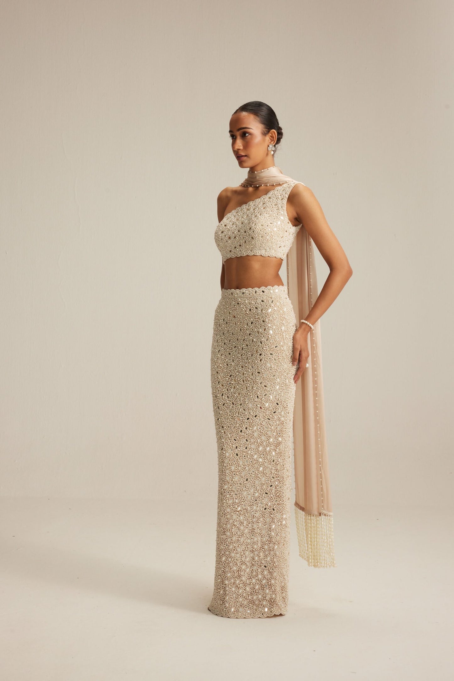 Light Beige Mirror &amp; Pearl Pencil Skirt Set with One-Shoulder Blouse and Satin Stole