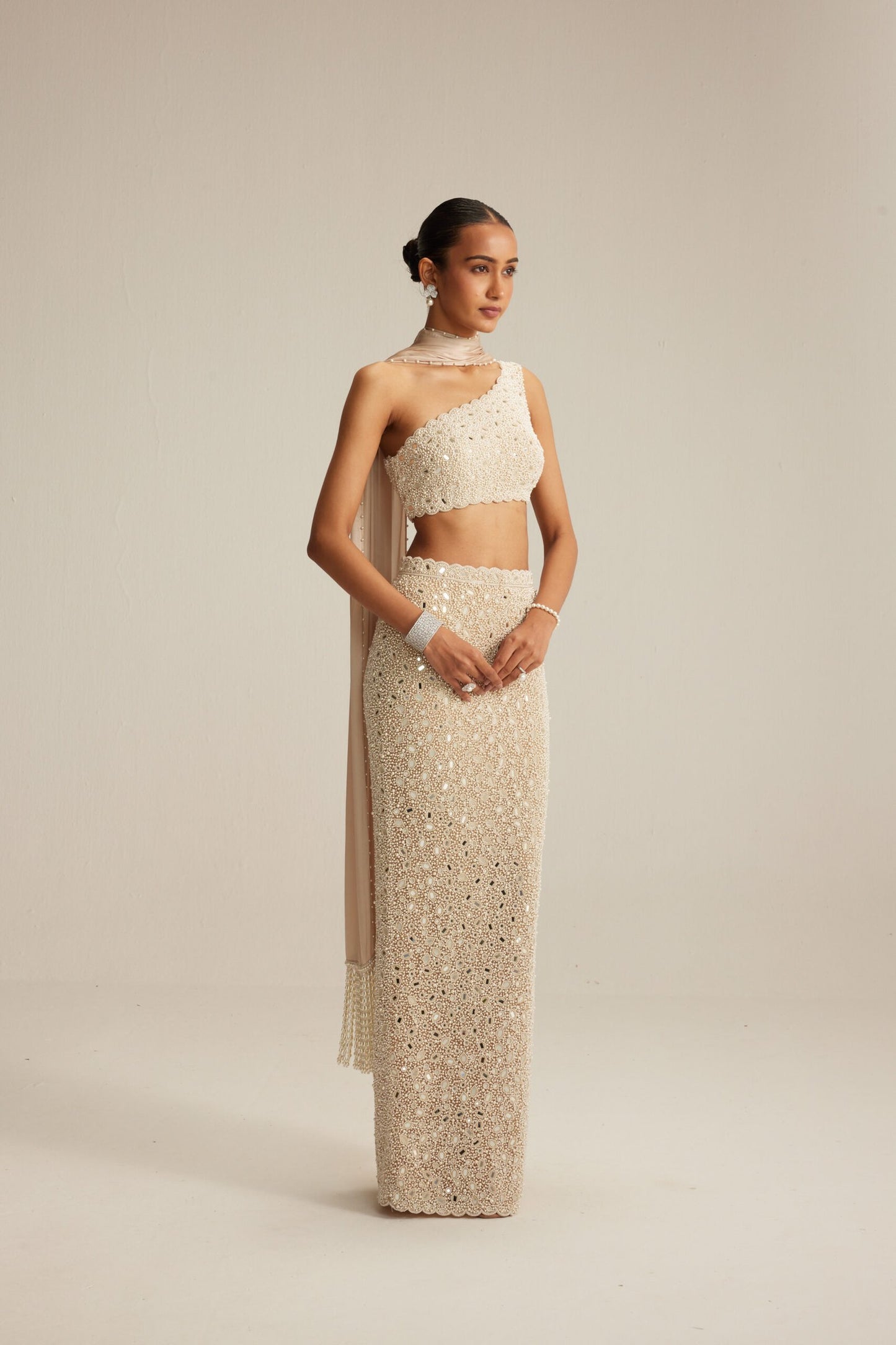 Light Beige Mirror &amp; Pearl Pencil Skirt Set with One-Shoulder Blouse and Satin Stole