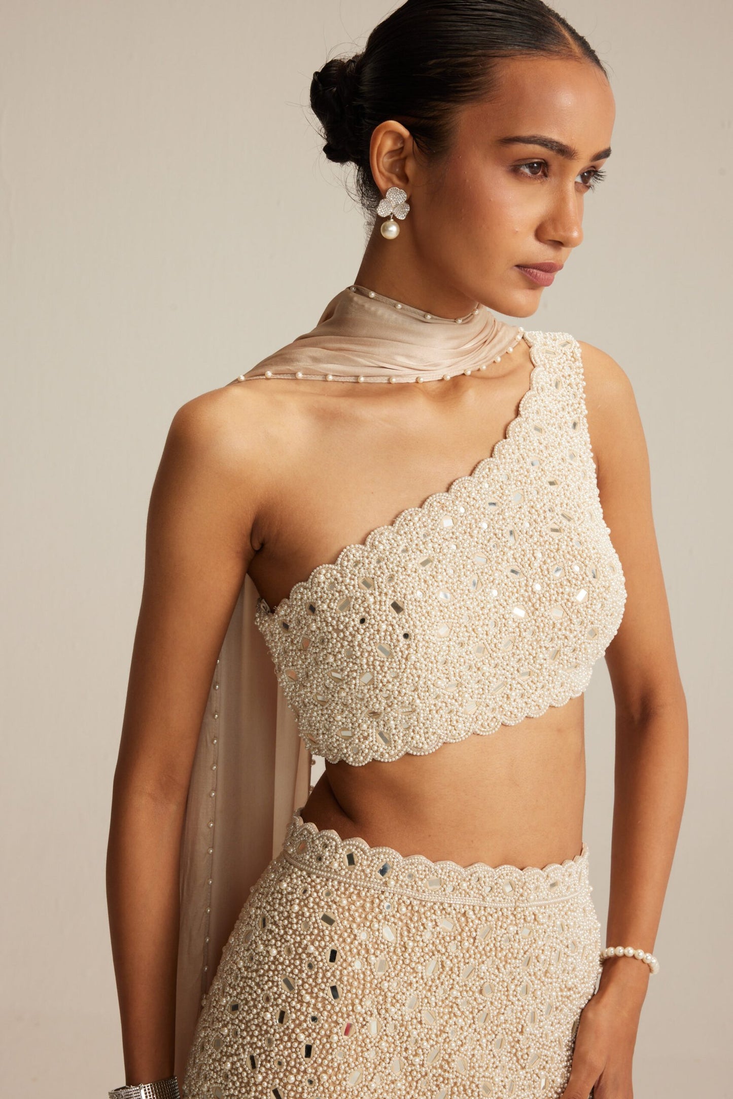 Light Beige Mirror &amp; Pearl Pencil Skirt Set with One-Shoulder Blouse and Satin Stole