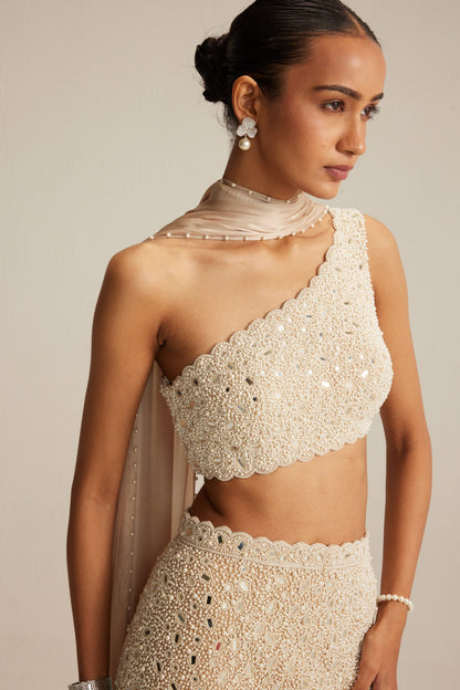 Light Beige Mirror &amp; Pearl Pencil Skirt Set with One-Shoulder Blouse and Satin Stole