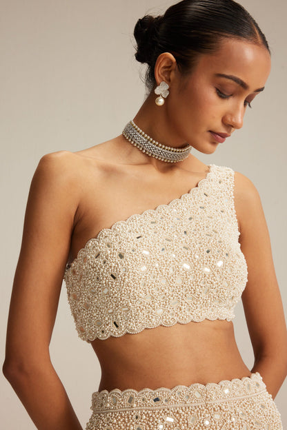 Light Beige Mirror &amp; Pearl Pencil Skirt Set with One-Shoulder Blouse and Satin Stole