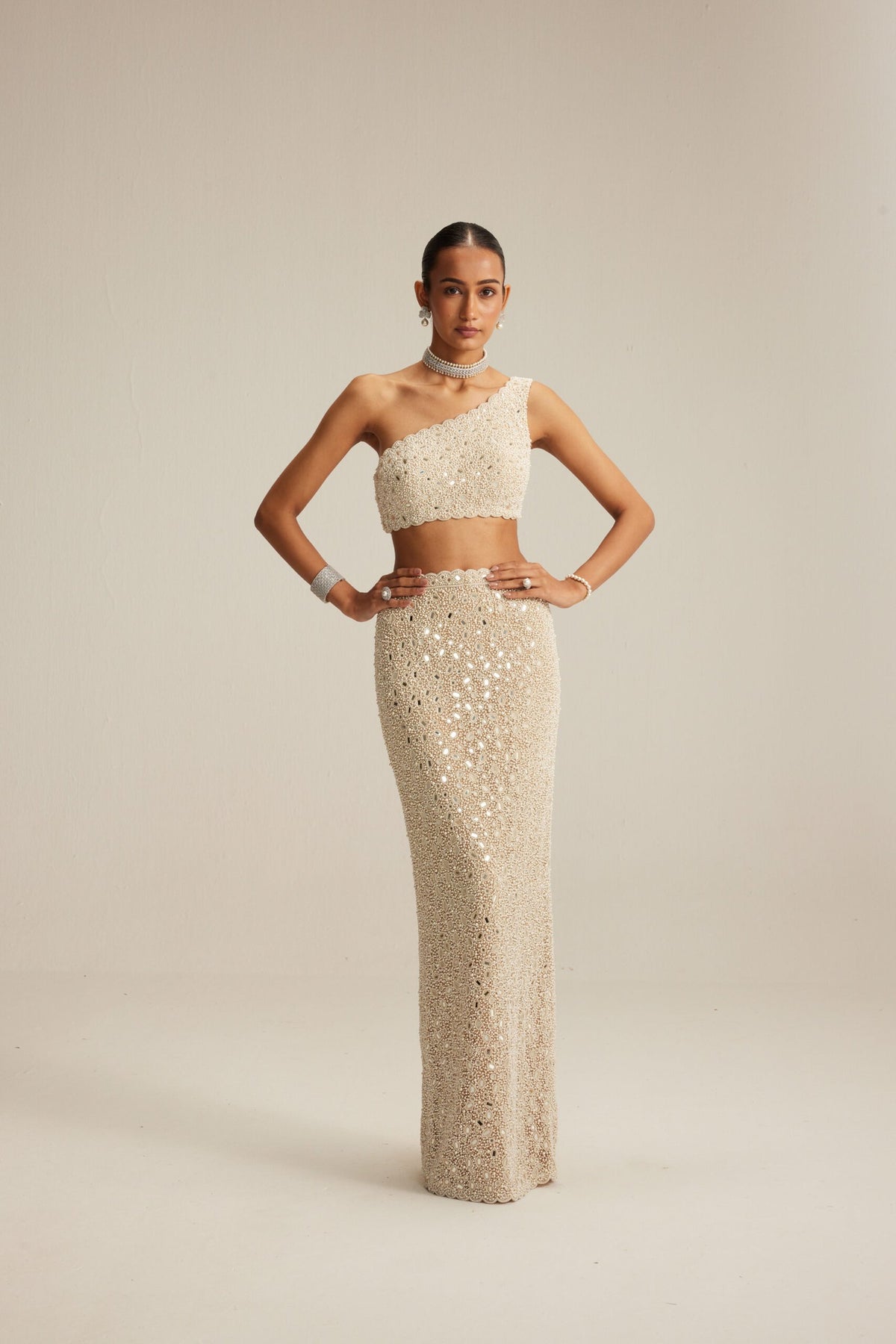 Light Beige Dense Pearl and Mirror One shoulder Pencil Skirt Set