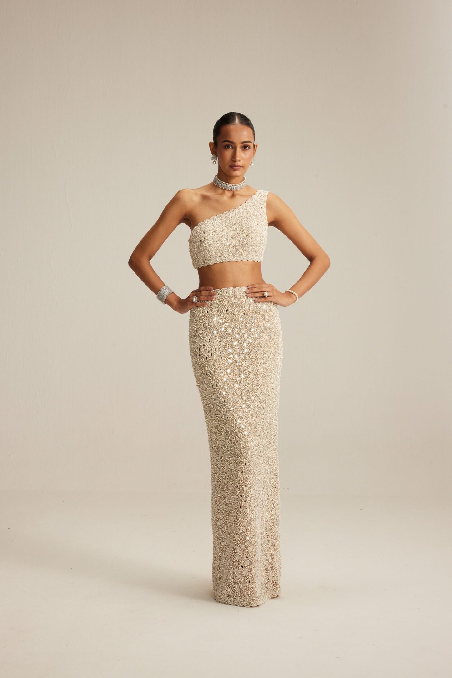 Light Beige Mirror &amp; Pearl Pencil Skirt Set with One-Shoulder Blouse and Satin Stole