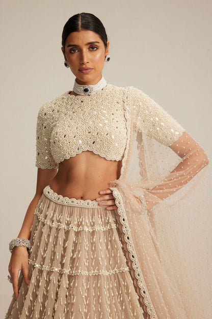 Light Beige Pearl Drop Lehenga with High Neck Blouse