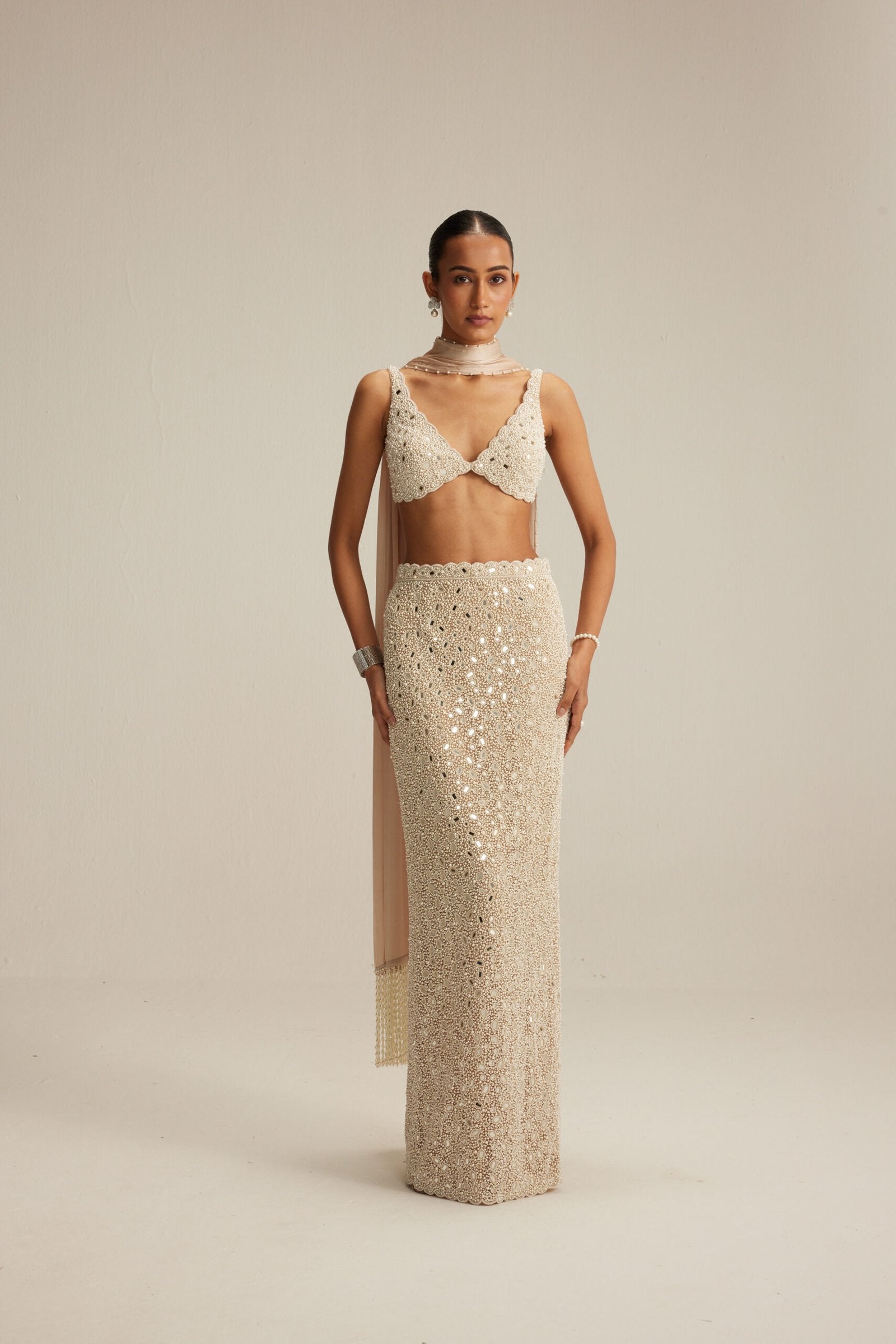 Light Beige Dense Pearl and Mirror Pencil Skirt with V Neck Blouse