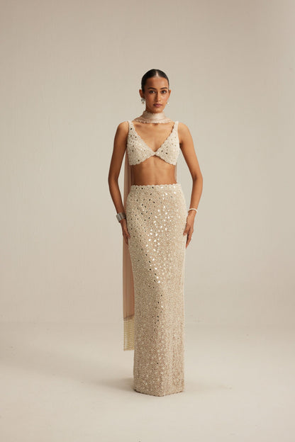 Light Beige Dense Pearl and Mirror Pencil Skirt with V Neck Blouse